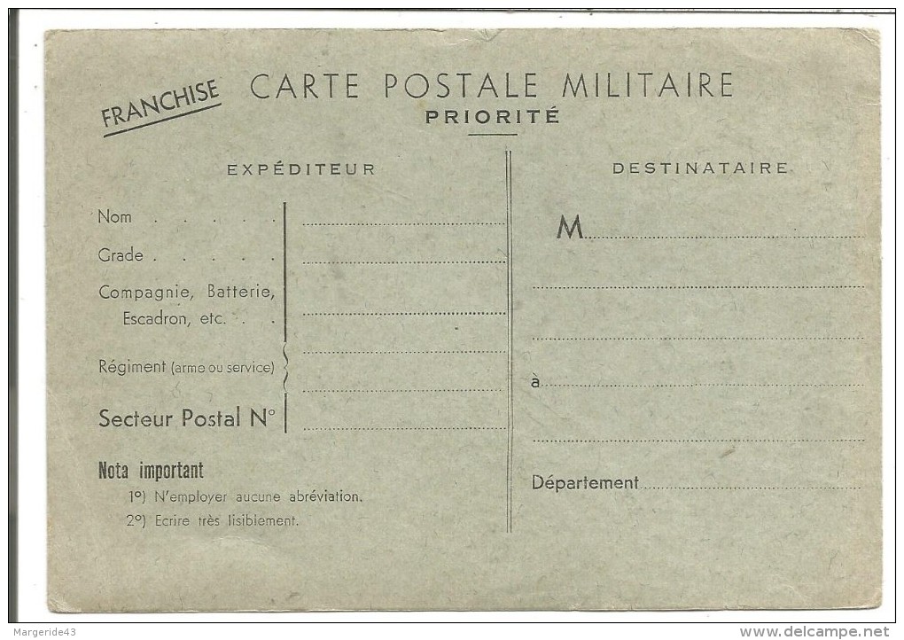 CARTE EN FRANCHISE VIERGE - Lettres & Documents