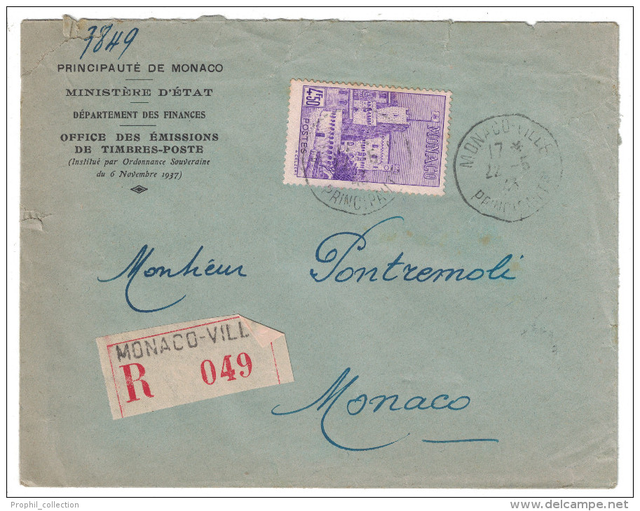 MONACO - 1943 LETTRE RECOMMANDEE Monaco-Ville AFFRANCHISSEMENT à 4F50 Avec N° 259 Seul - Lettres & Documents