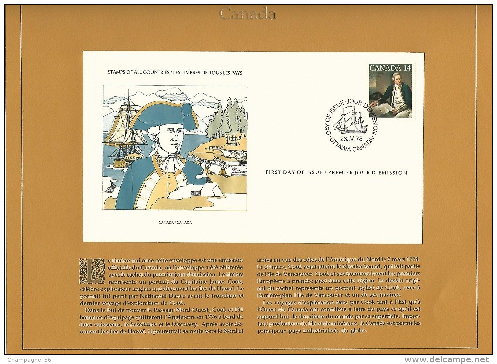 VARIÉTÉS CANADA PREMIER JOUR   26. IV . 1978  OTTAWA LES VOYAGES JAMES COOK  OBLITÉRÉ - Variedades Y Curiosidades