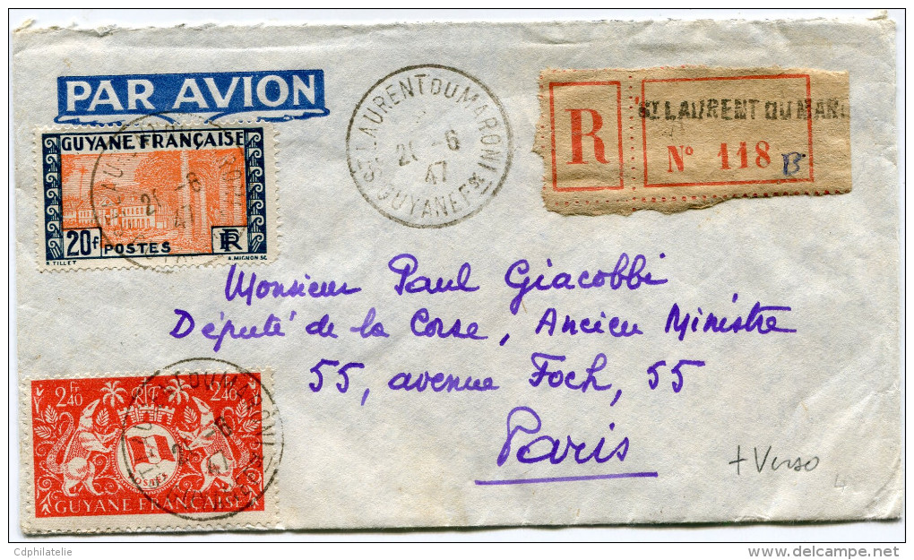 GUYANE LETTRE RECOMMANDEE PAR AVION AVEC AFFR. COMPLEMENTAIRE AU VERSO DEPART ST LAURENT DU MARONI 21-6-47 POUR PARIS - Lettres & Documents