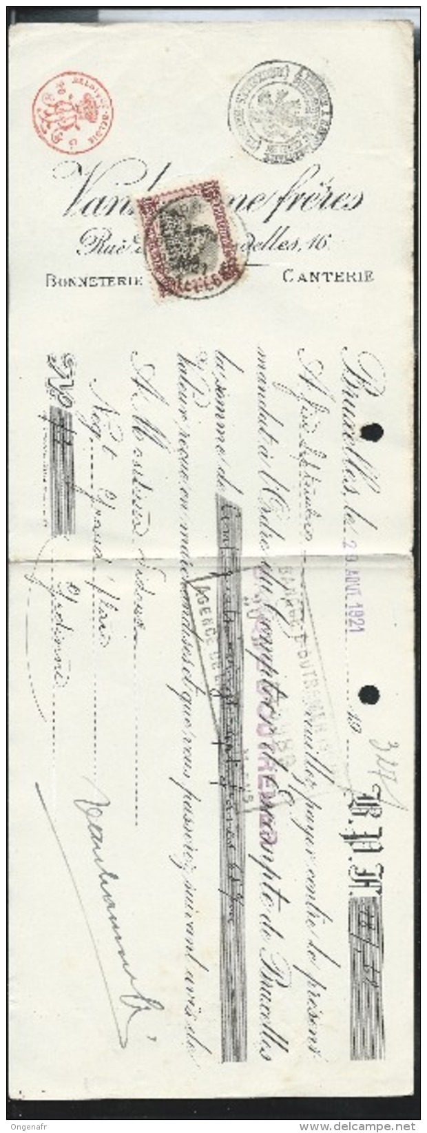 Doc. Banque (Banque D´Outremer) Affranchis Du N° 182 (Termonde) Obl: Bxl  23/09/1921 - Lettres & Documents