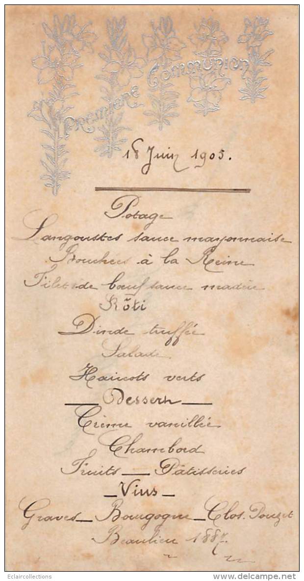 Vieux Papier.  Menu.  Première Communion Du 18 Juin 1905 - Menus