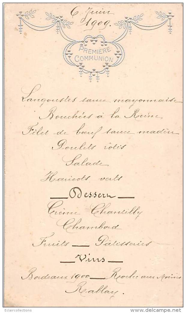 Vieux Papier.  Menu.  Première Communion Du 6 Juin 1909 - Menus