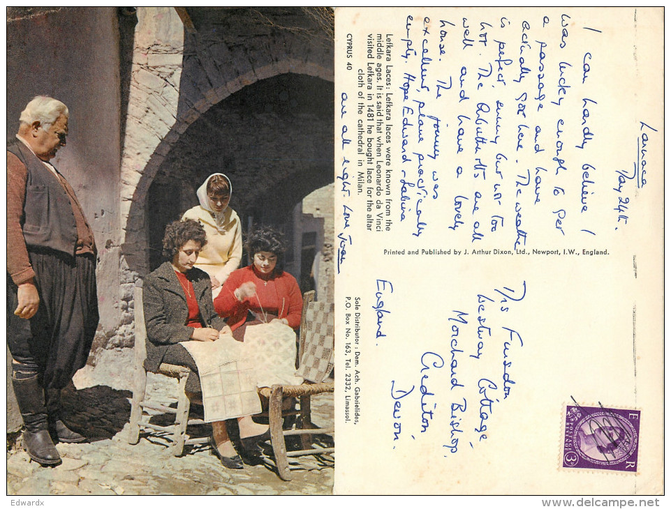 Lace Makers, Lefkara, Cyprus Postcard Posted 1960s GB Stamp - Chipre