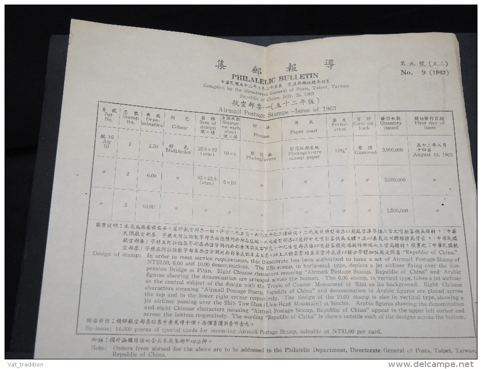 CHINE - Bulletin Philatélique De Taiwan Pour La France En 1963 , Cachet " Taxe Perçue" - A Voir - L  4050 - Lettres & Documents