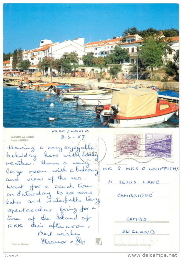 Hotel Jadran, Njivice Na Krk, Croatia Postcard Posted 1987 Stamp - Croatia