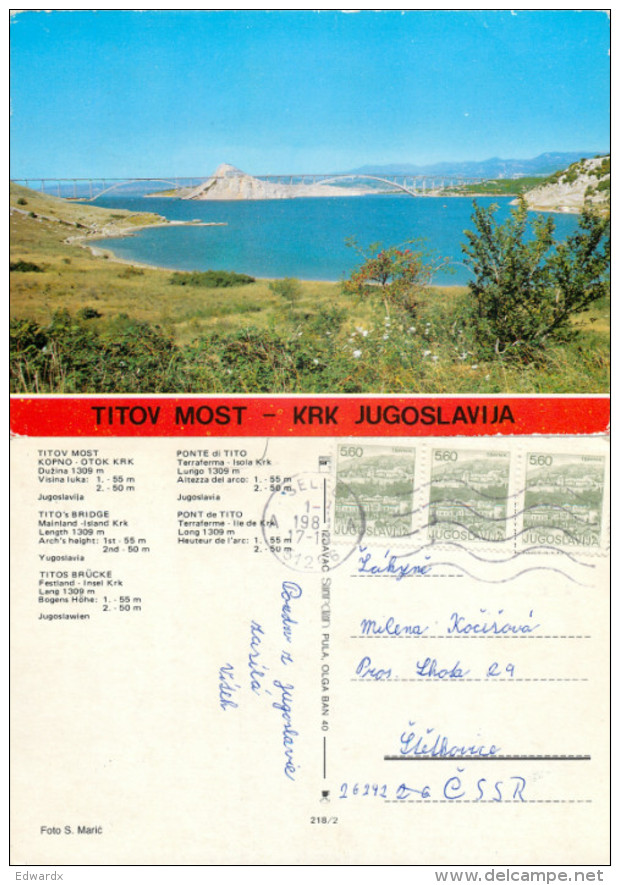 Tito's Bridge, Krk, Croatia Postcard Posted 1983 Stamp - Croatia