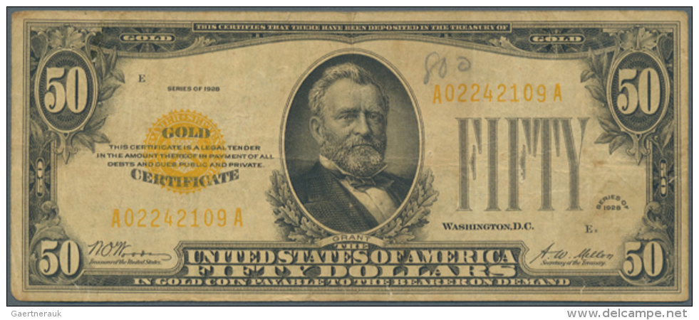 USA: 50 Dollars Gold Certificate, Series 1928, P.402 In Nice Attractive Condition, Small Graffiti At Upper Center,... - Autres & Non Classés