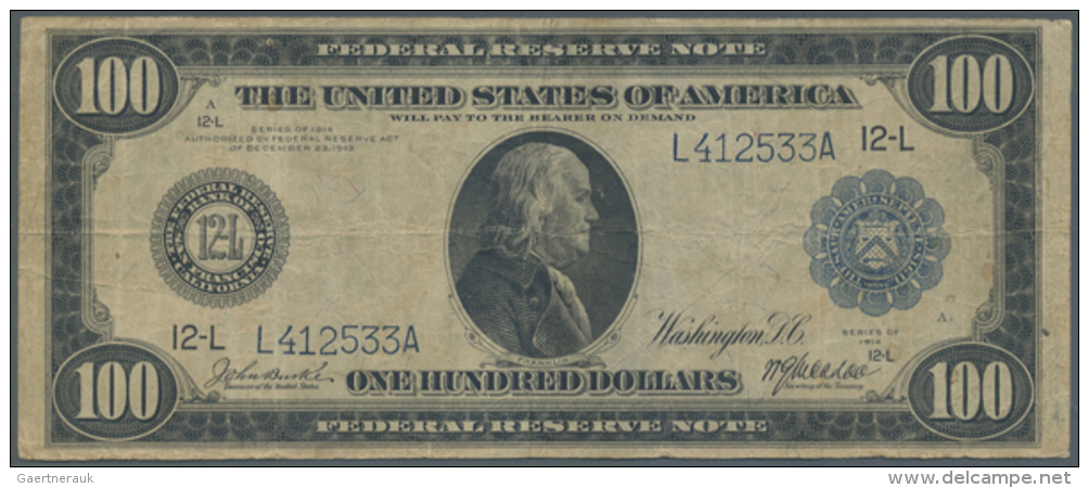 USA: 100 Dollars Federal Reserve Note Series 1914 With Portrait Of Benjamin Franklin, Blue Seal And Letter 12-L -... - Andere & Zonder Classificatie