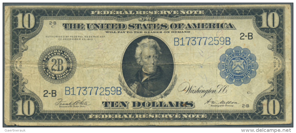 USA: 10 Dollars Federal Reserve Note, Series 1914 With Blue Seal At Right And Letter 2-B New York At Left, P.360bB... - Andere & Zonder Classificatie