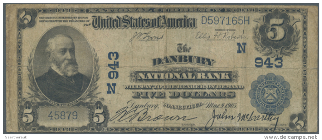 USA: 5 Dollars Danbury National Bank Conneticut Series 1902, Charter # N943, Fr. 598-612 In Well Worn Condition... - Sonstige & Ohne Zuordnung