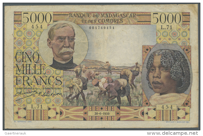 Madagascar: 5000 Francs 1950, P. 49a With A Number Of Pinholes At Left, Several Folds And Stains And Tiny Tears At... - Madagaskar