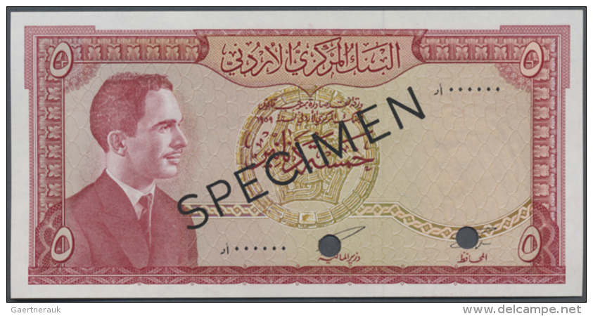Jordan: 5 Dinars L.1959 (1965) SPECIMEN, P.11s In Perfect UNC Condition. Very Hard To Find Specimen Note (R) - Jordanië