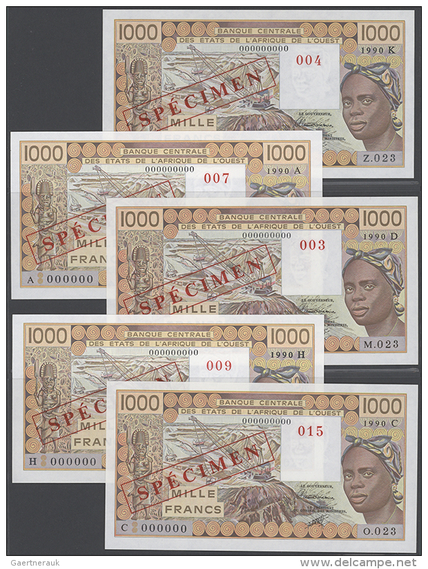 West African States: Rare Set Of 5 Different Specimen Notes Of 1000 Francs 1990 Containing The Note Issue For Ivory... - West-Afrikaanse Staten