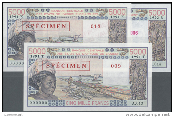 West African States: Set Of 3 Different SPECIMEN Notes 5000 Francs 1991 With Issues For Benin (B), Senegal (K) And... - West-Afrikaanse Staten