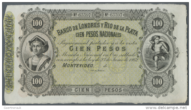 Uruguay: Banco De Londres Y Rio De La Plata 100 Pesos 1862 Unsigned Remainder, P.S245r In Excellent Condition For... - Uruguay