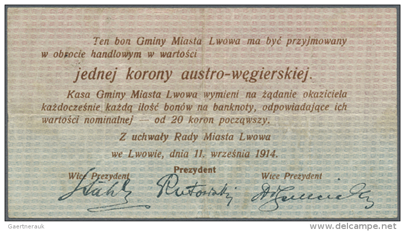 Ukraine:  Gmina  Miasta  Lwowa, 1 Korona 1914 K.14.2.NL Used With Vertical And Horizontal Folds, But No Holes Or... - Oekraïne