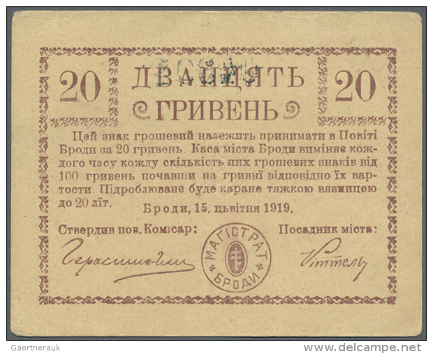 Ukraine: Magistrate Mista Brodie (ÐœÐ°Ð³Ð¸ÑÑ‚Ñ€Ð°Ñ‚  Ð¼iÑÑ‚Ð°  Ð‘Ñ€Ð¾Ð´Ð¸), 20 Hriven 1919 K.5.77.5, Light Center... - Oekraïne