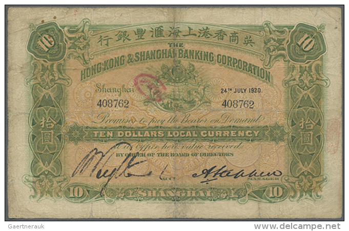 China: The Hong Kong &amp; Sanghai Banking Corporation 10 Dollars 1920 P. S357A, Used With Horizontal And Vertical... - China