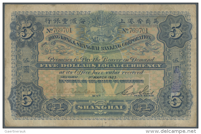 China: Hong Kong &amp; Shanghai Banking Corporation 5 Dollars 1923, P.S353 In Nice Used Condition With Several... - China