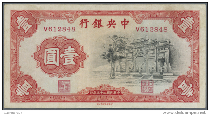 China: Central Bank, 1 Yuan 1936, P.210, Several Vertical Folds And Minor Stains. Condition: F+ (D) - China