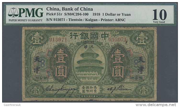 China: 1 Dollar 1918 Bank Of China P. 51r, PMG Graded 10 VG. (D) - China