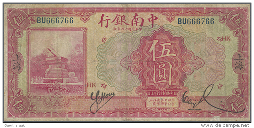 China: The China &amp; South Sea Bank 5 Yuan 1927 P. A127b, Used With Folds And Stains But No Holes, Small Paper... - China