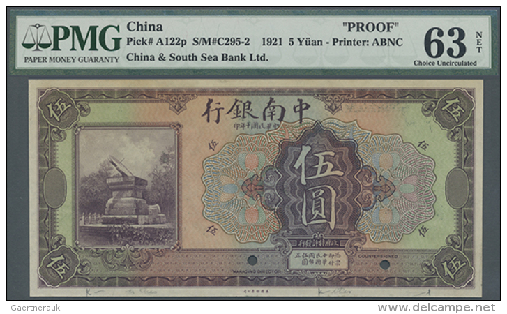 China: China &amp; South Sea Bank Ltd. 5 Yuan 1921 Uniface Front PROOF P. A122p, PMG Graded 63 Choice UNC NET. (D) - China