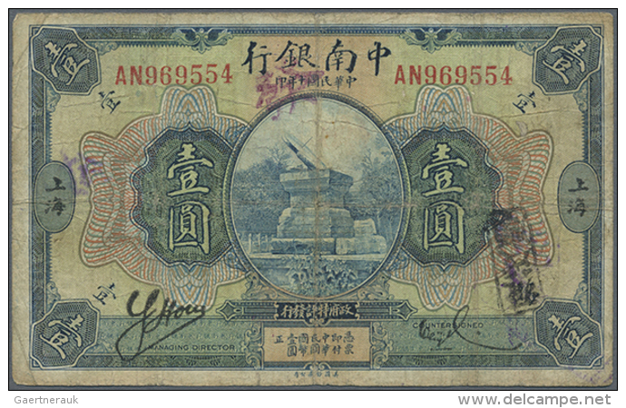 China: The China &amp; South Sea Bank Ltd. 1 Yuan 1921 Shanghai P. A121b, Used With Folds, Stains And Writing,... - China