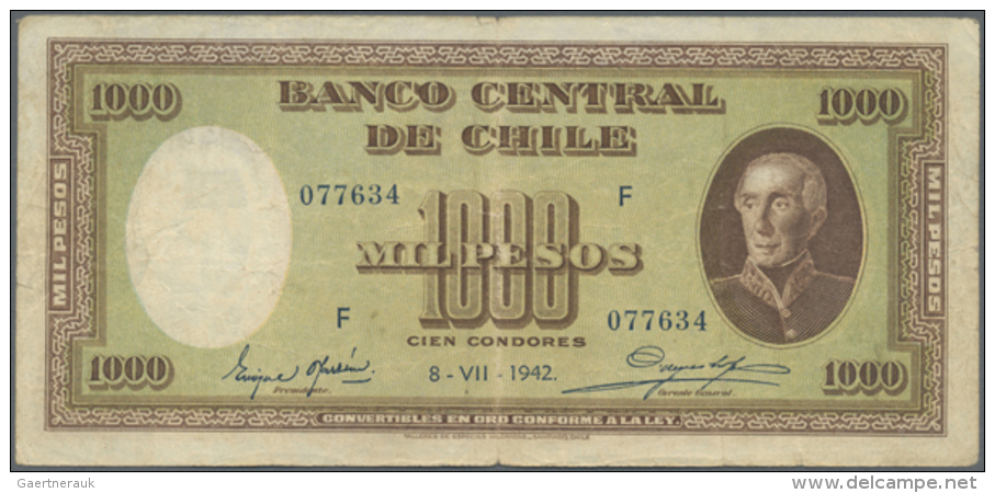 Chile: 1000 Pesos 1942 P. 99, Used With Stronger Center Fold, Creases, 3 Minor Border Tears But No Holes, Still... - Chile