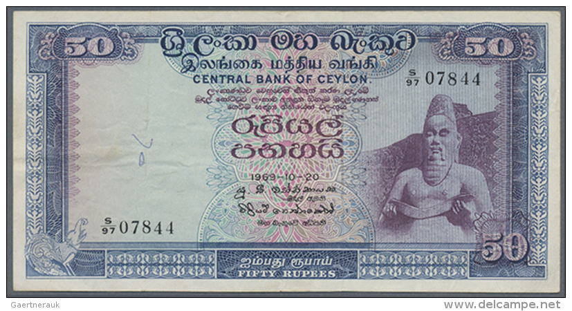 Ceylon: 50 Rupees October 20th 1969, P.75a In Nice Used Condition With Several Folds, Small Graffiti At Left Center... - Sri Lanka