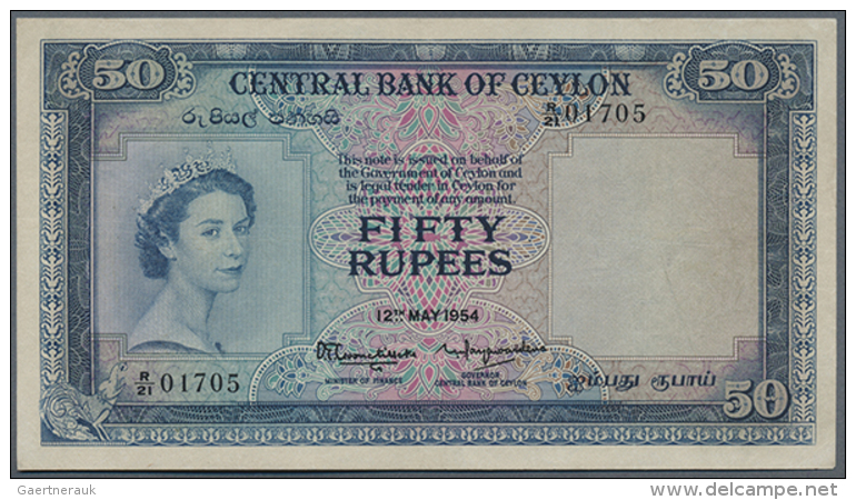Ceylon: 50 Rupees May 12th 1954, P.52 In Nice Used Condition, Still With Strong Paper, Several Folds And Minor... - Sri Lanka
