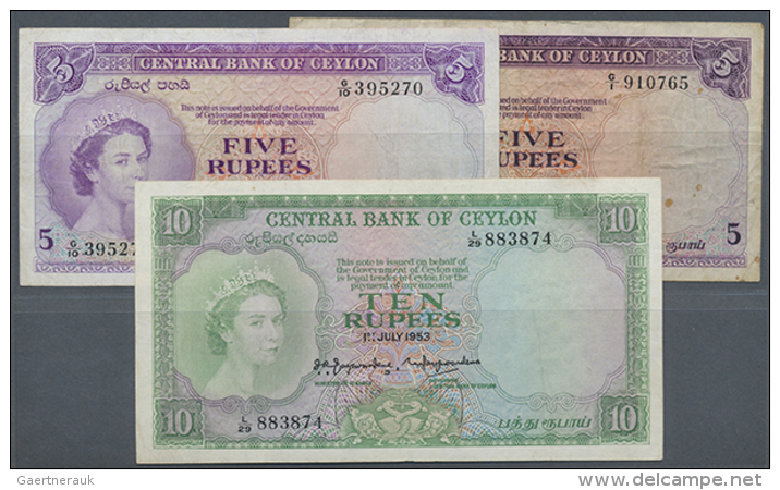 Ceylon: Set With 3 Banknotes 5 Rupees 1952 (2x) And 10 Rupees 1953, P.51, 55. 5 Rupees In Used Condition With... - Sri Lanka