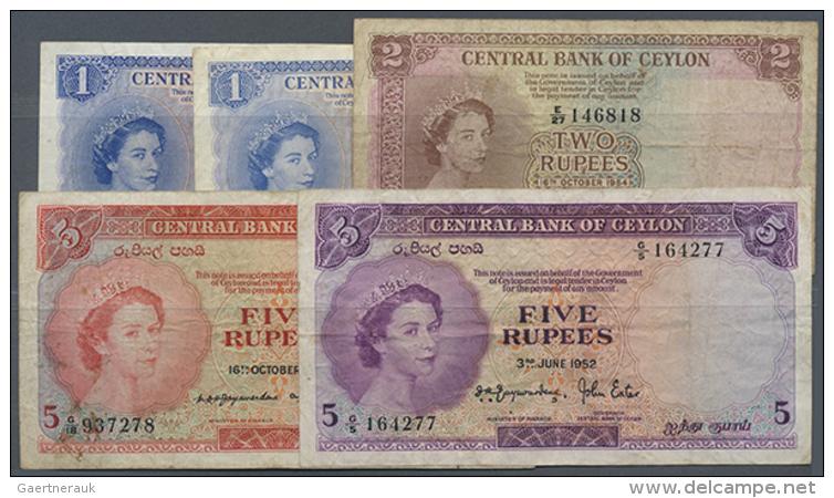 Ceylon: Set With 5 Banknotes Including 1 Rupee 1952 And 1954, 2 Rupees 1954, 5 Rupees 1952 And 1954, P.49, 50, 51... - Sri Lanka