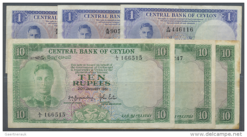 Ceylon: Set With 6 Banknotes Containing 3 X 1 Rupee 1951 P.47 In F/F+ And 3 X 10 Rupees 1951 P.48 In F-/F. All 6... - Sri Lanka