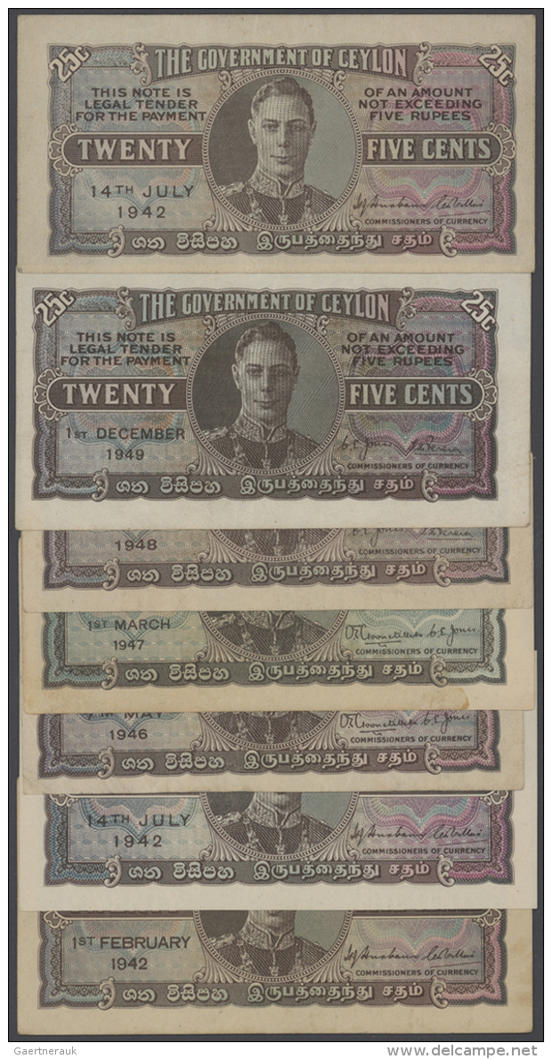 Ceylon: Huge Lot With 16 Banknotes Containing 5 X 10 Cents 1942/43 P.43, 7 Notes 25 Cents 1942, 1946, 1947, 1948... - Sri Lanka