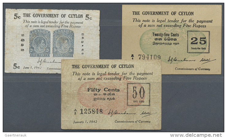 Ceylon: Set With 3 Banknotes Of The Fractional Issue Containing 5, 25 And 50 Cents, P.40, 41 And 42a. 5 And 50... - Sri Lanka