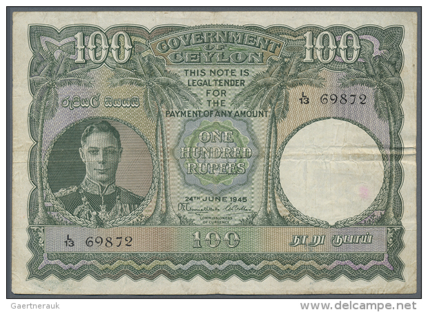 Ceylon: 100 Rupees June 24th 1945, P.38a, Extremely Rare Note In Great Original Shape, Several Folds, Tiny Pinholes... - Sri Lanka