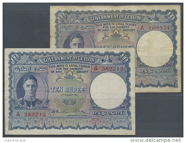 Ceylon: Pair With 10 Rupees 1943 And 10 Rupees 1944, P.36A. Both With Several Stains And Folds, Tiny Tears And... - Sri Lanka