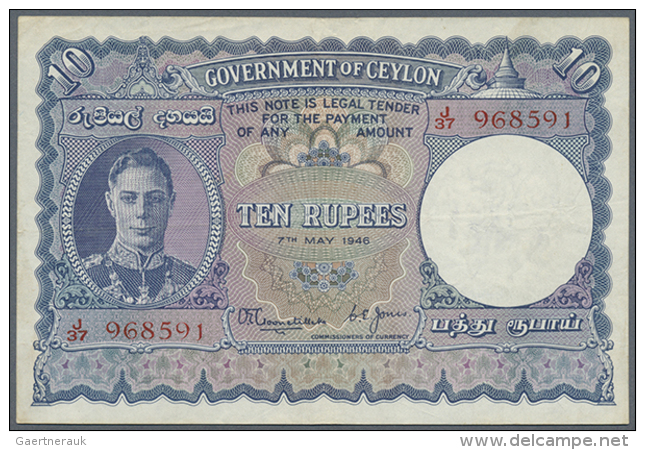 Ceylon: 10 Rupees May 7th 1946, P.36A, Very Nice Looking Note With Bright Colors And Strong Paper, Some Folds And... - Sri Lanka