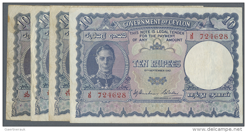 Ceylon: Set With 4 Banknotes 10 Rupees Dated September 19th 1942, August 4th 1943, July 12th 1944 And June 24th... - Sri Lanka