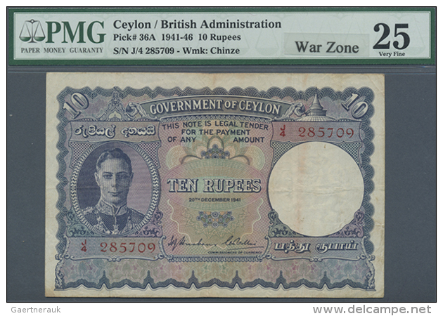 Ceylon: 10 Rupees December 20th 1941, P.36A In Used Condition With Several Folds And Stains. PMG Graded 25 Very... - Sri Lanka