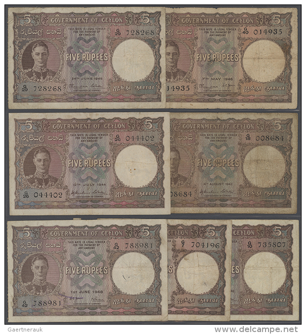 Ceylon: Set With 7 Banknotes 5 Rupees Dated December 20th 1941, September 19th 1942, August 4th 1943, July 12th... - Sri Lanka