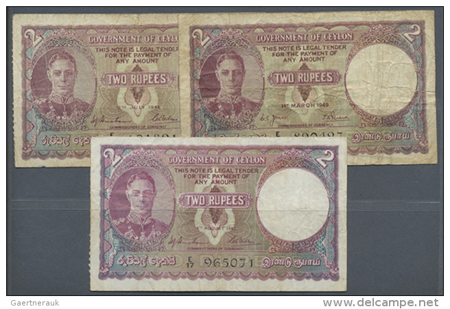 Ceylon: Set With 3 Banknotes 2 Rupees 1943, 1944 And 1949, P.35. All Notes In Used Condition With Several Folds And... - Sri Lanka