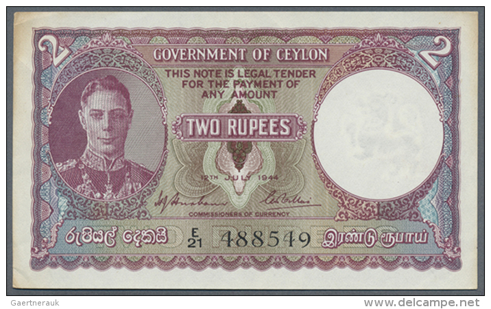 Ceylon: 2 Rupees 1944, P.35 In Very Nice Looking Condition, Soft Vertical Bend At Center And Small Brownish Stains... - Sri Lanka