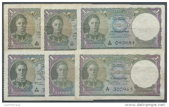 Ceylon: Set With 6 Banknotes 1 Rupee Dated 1944, 1946, 1947, 1948 And 1949 (2x) In Different Circulated Condition,... - Sri Lanka