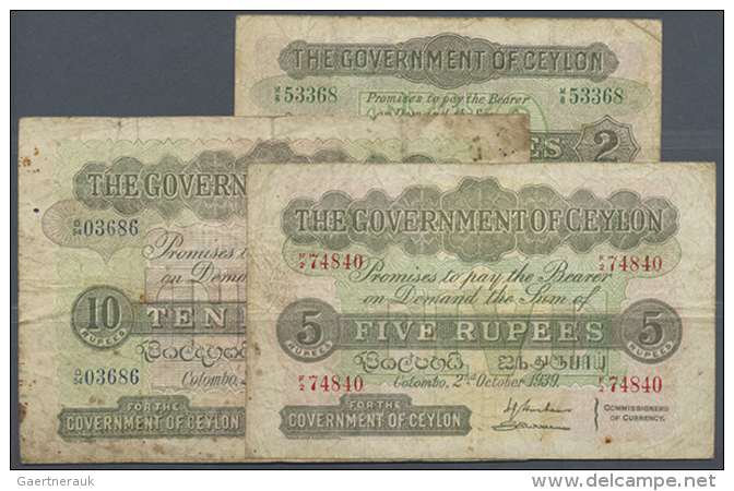 Ceylon: Set With 3 Banknotes 2, 5, 10 Rupees 1939, P.21b, 23c, 25c, All In Used/well Worn Condition With A Number... - Sri Lanka