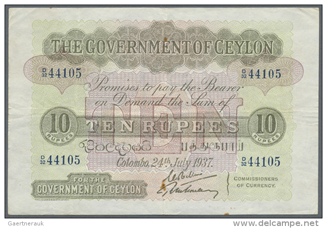 Ceylon: 10 Rupees July 24th 1937, P.25, Very Nice Looking Note With Crisp Paper And Bright Colors, Some Folds And... - Sri Lanka