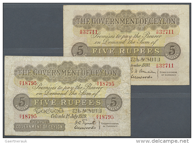 Ceylon: Pair With 5 Rupees 1929 And 5 Rupees 1930, P.23a,b. Both Notes In Used Condition, 1930's Issue With Tiny... - Sri Lanka