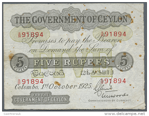 Ceylon: 5 Rupees October 1st 1925, P.22, Several Rusty Stains And Folds On The Note But Still Nice Looking.... - Sri Lanka